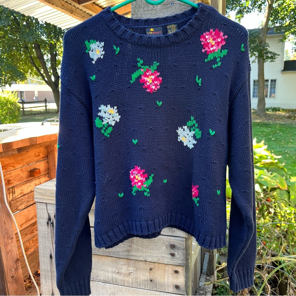 Vintage LizSport Sweater Knit Floral Navy Blue Petite Medium